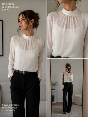 Babaton 100% Silk Blouse XS Cream Mock Neck Keyhole Top